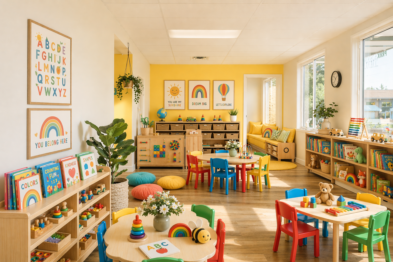 Bright, colourful Apple Tree Montessori Nursery classroom with alphabet wall art, child-sized chairs, wooden shelves full of books and toys, indoor plants and natural light streaming through large windows